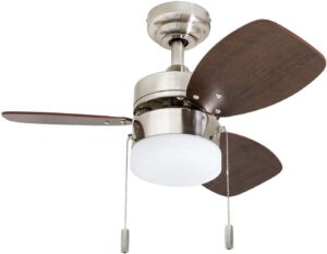 Here are the five key features extracted from the 'About this item' section: Modern & Customizable Design – Features a contemporary style with three dual-finish blades in Satin Nickel and Light Oak to match different home decor styles. Flexible Installation Options – Supports both standard downrod and angled mounting for vaulted ceilings (longer downrod sold separately). Efficient Cooling & Air Circulation – 30-inch blade span with three quiet speed settings, suitable for spaces up to 100 sq. ft., with a reversible motor for winter air circulation. Convenient Controls – Dual pull-chain system for fan speed and integrated light fixture; compatible with a universal remote (sold separately). Reliable Performance & Warranty – High-capacity motor for powerful yet quiet airflow, energy-efficient, ETL listed, UL compliant, and backed by a limited lifetime warranty.